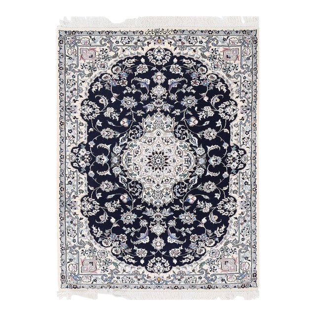 Pasargad Navy Blue Persian Silk & Wool Nain For Sale