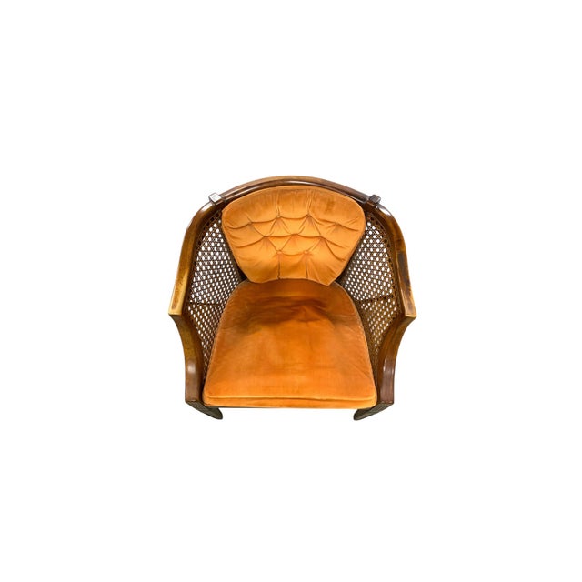 Wood Pair of Mid-Century Caned Barrel Back Chairs With Persimmon Velvet Upholstery For Sale - Image 7 of 11
