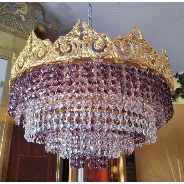 Designer 1960's Large Empire 24k Gold Plated Bronze W/ Amethyst Cut Crystal 8 Tier Semi Flush Mount/ Chandelier by Palme & Walter/ Palwa For Sale - Image 13 of 18