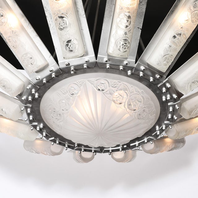 Silver Art Deco Geometric Frosted Glass & Nickeled Starburst Chandelier Signed Degué For Sale - Image 8 of 18