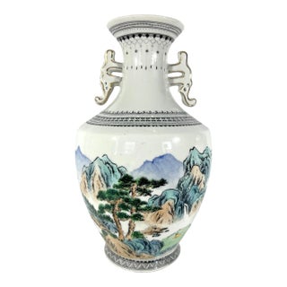 Vintage Chinese White Porcelain Vase With Traditional Hand Painted Mountain & Lake Landscape Scenes For Sale