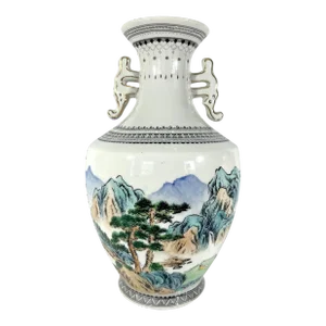 Vintage Chinese White Porcelain Vase With Traditional Hand Painted Mountain & Lake Landscape Scenes