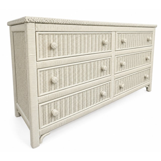 Beautiful vintage Wicker by Henry Link six-drawer dresser featuring intricate woven wicker fronts, coordinating round...