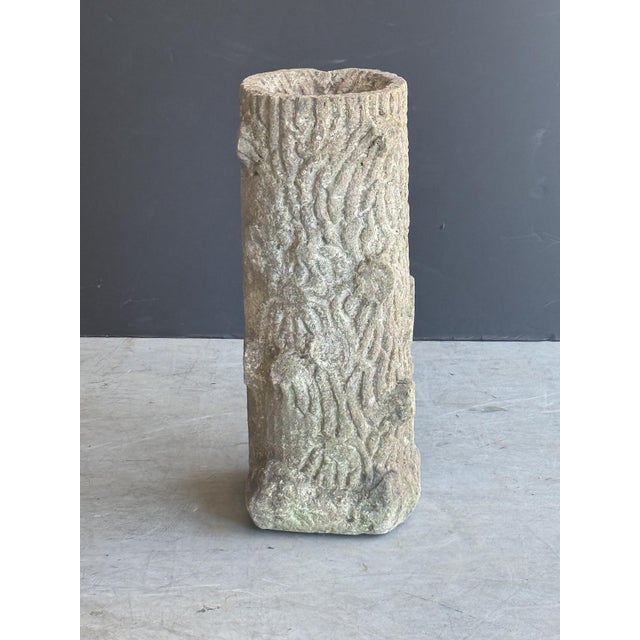A fine English bird bath of cast or composition stone featuring a faux bois design of a tree trunk around the...