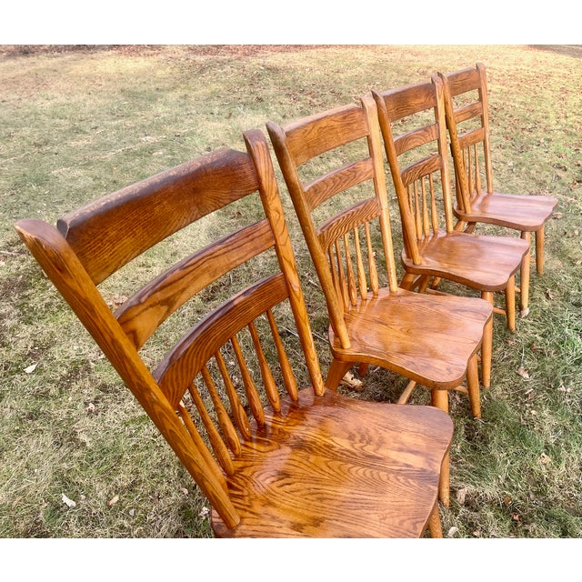 Farmhouse Set 4 American Farmhouse Oak Chairs Half-Spindle Ladder Back Thumbacks For Sale - Image 3 of 5