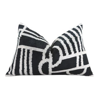 Luxury Black & White Geometric Velvet Pillow 16x24 – Handmade Silk Lumbar Cushion For Sale
