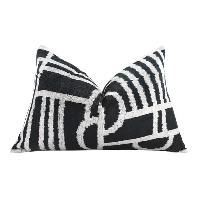 Luxury Black & White Geometric Velvet Pillow 16x24 – Handmade Silk Lumbar Cushion For Sale