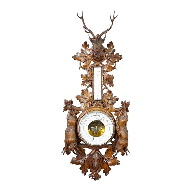 Large Wooden Carved Black Forest Weather Station With Deer For Sale