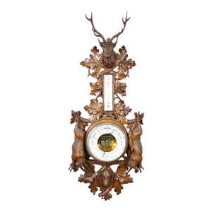 Large Wooden Carved Black Forest Weather Station With Deer