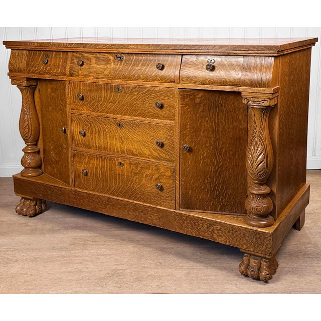 Antique Empire Quarterawn Oak Lions Paw Carved Sideboard Buffet Server For Sale - Image 4 of 18