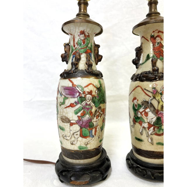 Wood Early 1900's Asian Crackle Finish Ceramic Vases With Samurai Figures Made Into Lamps- a Pair For Sale - Image 7 of 13