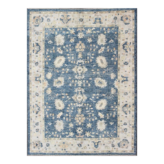 Turkish Oushak Rug in Blue Background by Keivan Woven Arts 10'5 X 13'4 For Sale