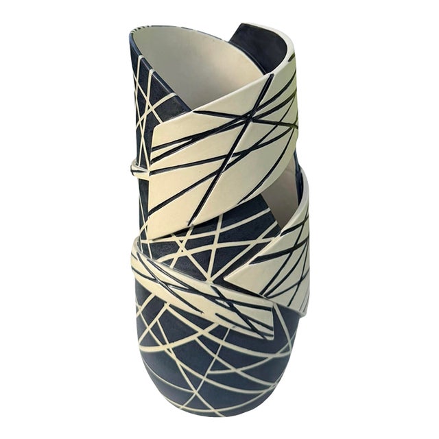 Contemporary Sculptural Black & White Studio Pottery Ribbon Vessel For Sale