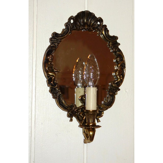 Antique Brass Mirror Putti Wall Lamps from Unbekannt, 1920s, Set of 2 For Sale - Image 6 of 8