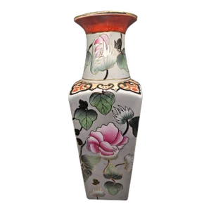 Vintage Macau (Chinese) White Porcelain Square-Form Vase With Lotus in Marshland