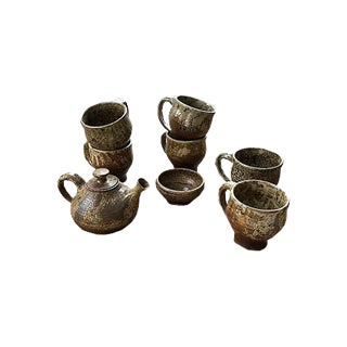 Cups and Teapot Set by André Bodin for Vallauris, 1960s, Set of 8 For Sale