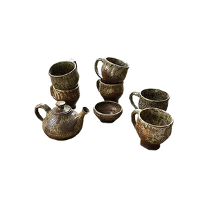 Cups and Teapot Set by André Bodin for Vallauris, 1960s, Set of 8