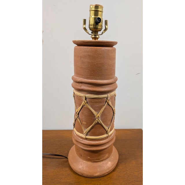 Vintage Pottery Table Lamp With Woven Rattan Rope For Sale - Image 4 of 7