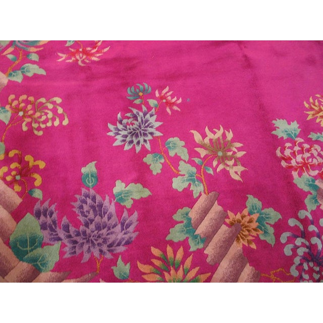 1920s Fancy Pink Background Color With Special Floral Pattern Antique Chinese Art Deco Rug For Sale - Image 5 of 7