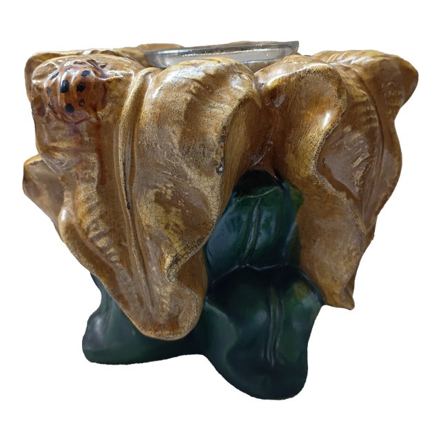 Vintage Majolica Style Leaf & Ladybug Ceramic Planter For Sale