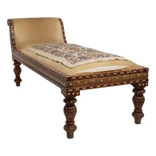 Antique Anglo-Indian Carved and Inlaid Wood Chaise Lounge in Silk For Sale