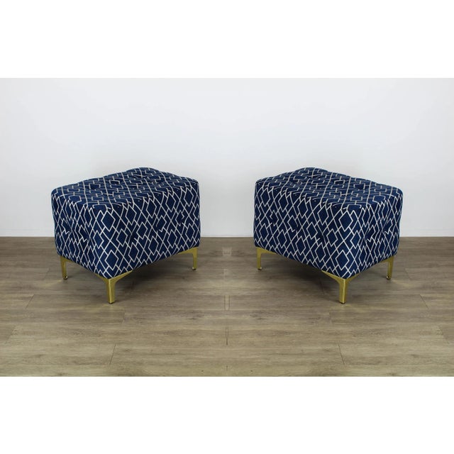 Blue & Cream Geometric Ottomans on Metal Legs - a Pair For Sale - Image 9 of 9