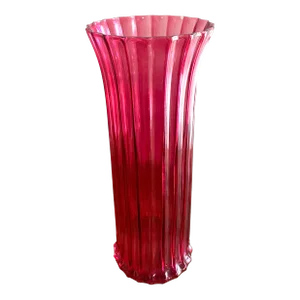 16” Tall Large Ribbed Hot Pink Glass Vase
