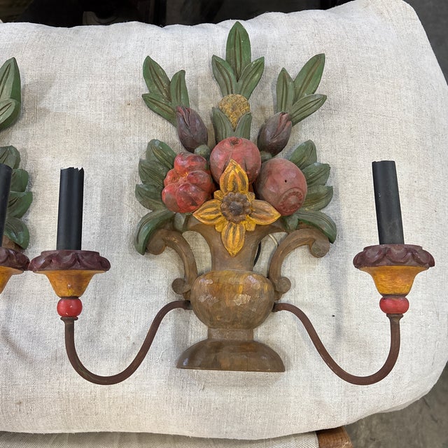 Late 20th Century Pair of Carved Wood Fruit Basket Wall Sconces For Sale - Image 5 of 12