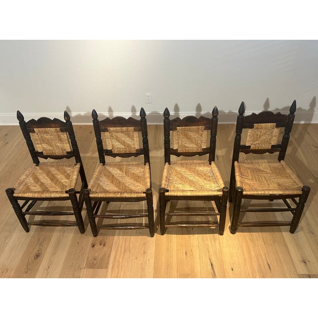 Rare Set of 4 Smaller Scale Vintage Mexican Wood & Woven Rush Seat Rustic Chairs c.Early 20th Century
