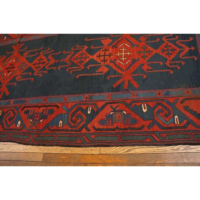 Persian 1890s Blue Medallion Antique Caucasian Kilim Rug 4'9" X 17'0" Flatweave Wool Carpet For Sale - Image 3 of 5