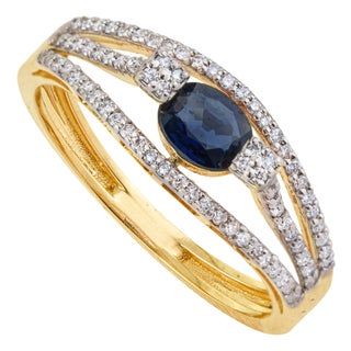 14k Yellow Gold Blue Sapphire & Diamond Split Shank Modern Ring Size 5 For Sale