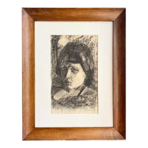 1940s Evocative Charcoal Portrait of French Woman Original Painting/Drawing