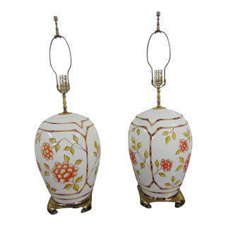 Chinoiserie Faux Bamboo Floral Ceramic Lamps - a Pair For Sale