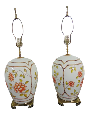Chinoiserie Faux Bamboo Floral Ceramic Lamps - a Pair
