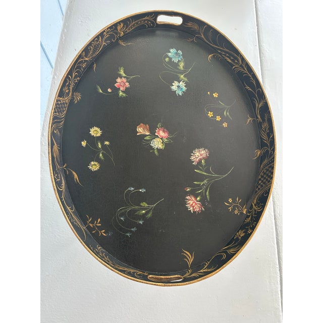 Regency Tole Tray Table With Faux Bamboo Base-Black and Gold Coffee Table-Floral Motif Hand Painted Removable Top For Sale In West Palm - Image 6 of 12