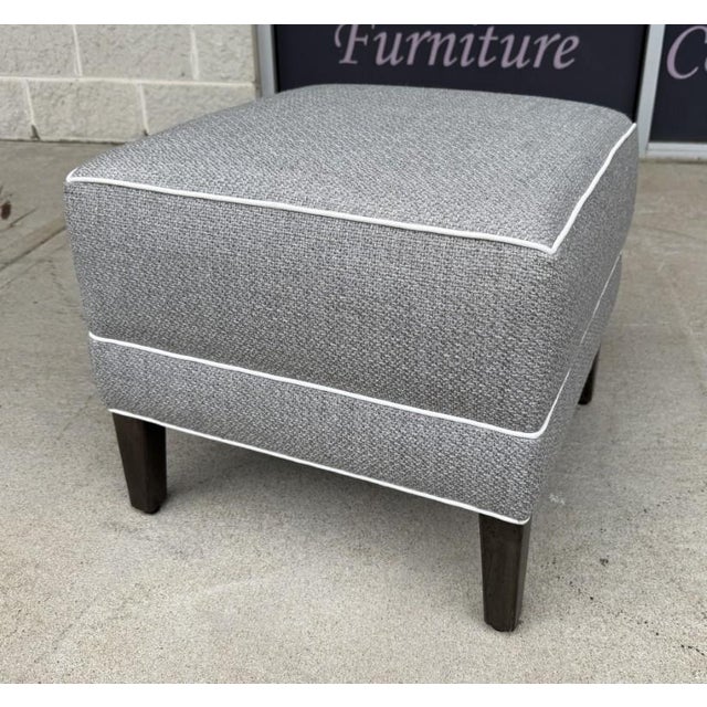 Contemporary Ethan Allen Gray Upholstered Ottoman With White Piping For Sale - Image 3 of 9