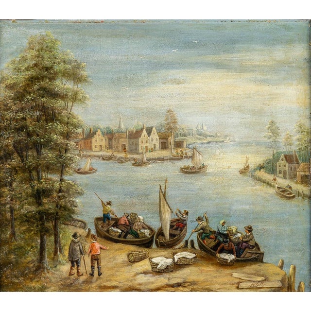 Antique Dutch Painting of a Harbor View inspired by the manner of Jan Brueghel or Joseph van Bredael Monogrammed M.J.M....