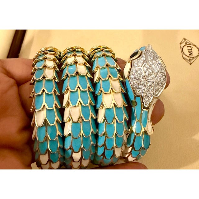 SNAKE COLLECTION , Turquoise & White SNAKE BRACELET , Diamonds, 18K & Sterling For Sale - Image 12 of 18