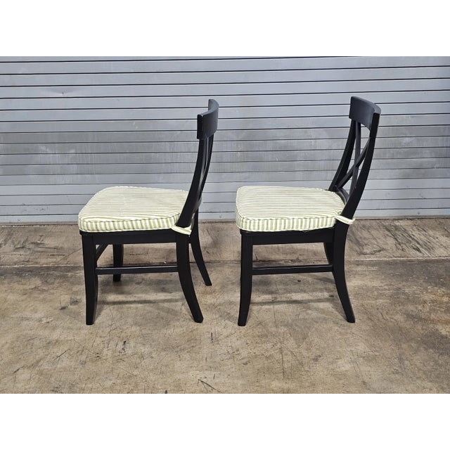 Set of 6 Pottery Barn Black X Back Dining Chairs With Green Striped Padded Seats For Sale - Image 11 of 13