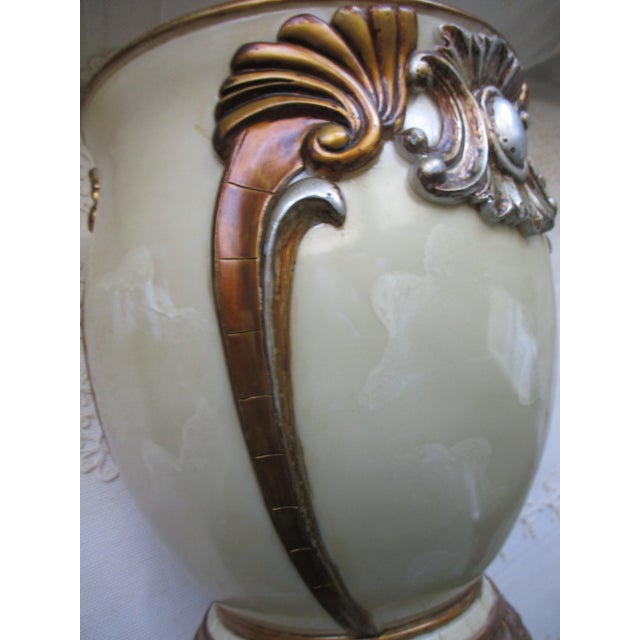 Vanilla Vintage Hollywood Regency Ornate Pearlize Faux Marble With Bronze & Silver Accents Wastebasket For Sale - Image 8 of 9