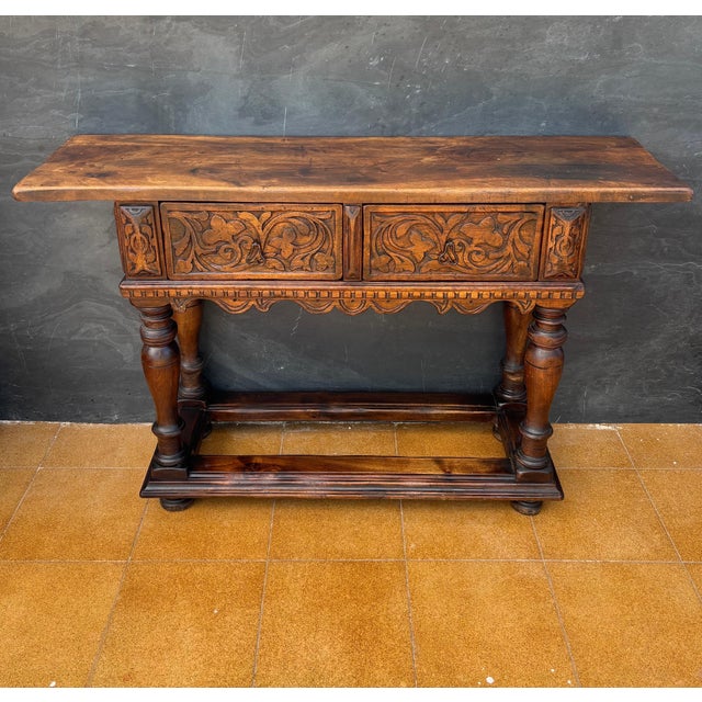 Traditional Spanish Renaissance Oak Console with Two Carved Drawers, 1890s For Sale - Image 3 of 9