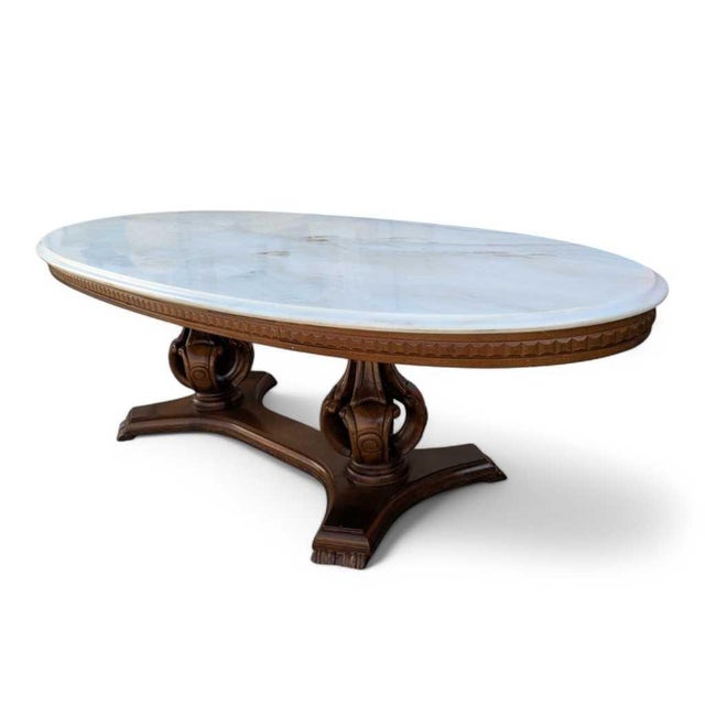 Wood Mid 20th Century Italian Coffee Table With Oval Marble Top & Sculptural Pedestal Base For Sale - Image 7 of 14