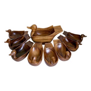 Mid-Century Modern Hand-Carved Wood Duck Salad Bowl Set With Serving Bowl - 9 Pieces For Sale