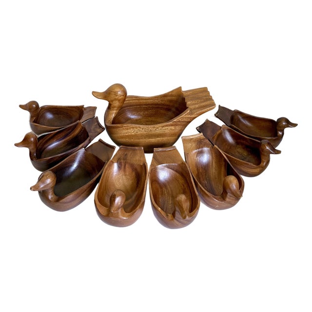 Mid-Century Modern Hand-Carved Wood Duck Salad Bowl Set With Serving Bowl - 9 Pieces For Sale