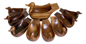 Mid-Century Modern Hand-Carved Wood Duck Salad Bowl Set With Serving Bowl - 9 Pieces