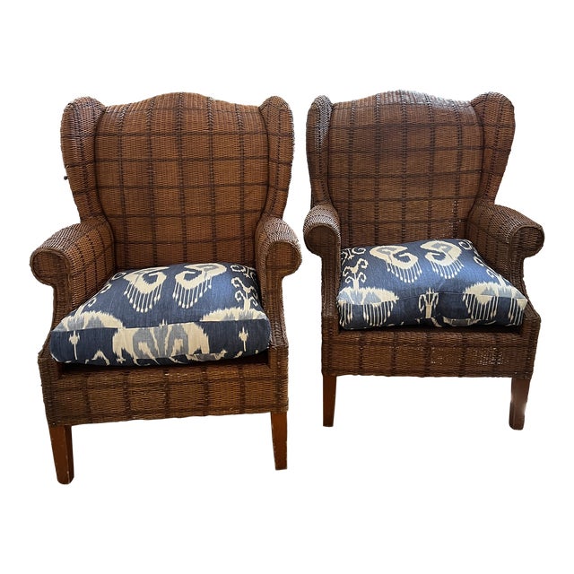 Large Palecek Rattan Chairs With Ikat Cushions a Pair Chairish