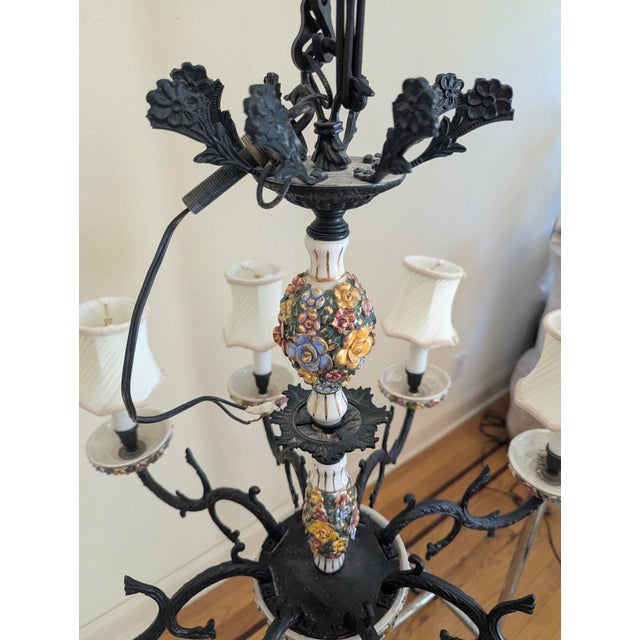 1960s Italian Capodimonte, Faience-Style Porcelain and Wrought Iron Chandelier For Sale - Image 11 of 11