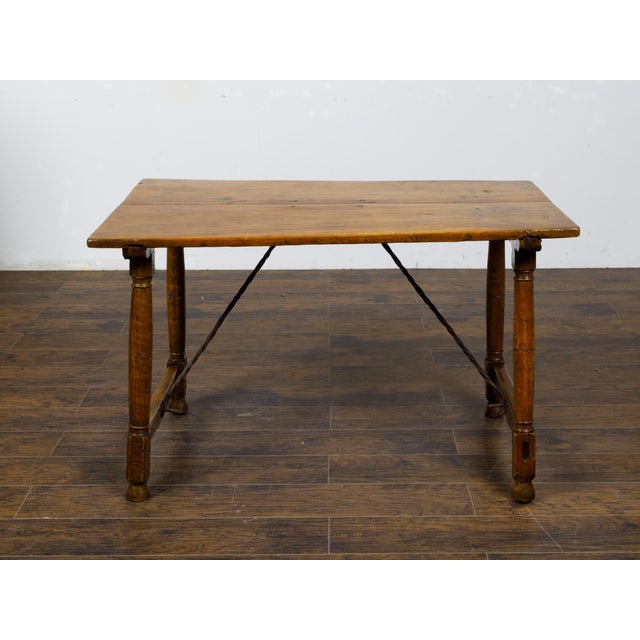 Wood Italian 19th Century Walnut Console Table with Column Legs and Iron Stretchers For Sale - Image 7 of 12