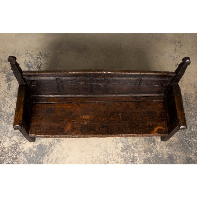 18th Century Spanish Rustic Oak Bench With Carved Panels and Dark Patina For Sale - Image 4 of 18