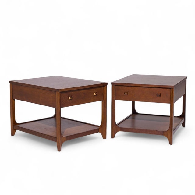 Broyhill Brasilia Mid Century Walnut and Brass Side End Tables - Pair Each side table measures: 22 wide x 28 deep x 20.25...